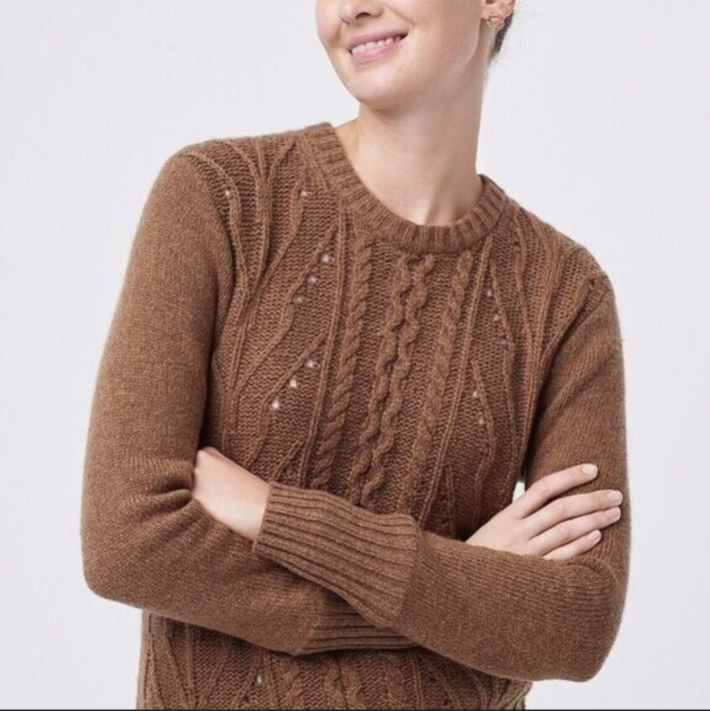 J. Crew Pointelle Cable Front Pullover Sweater Lambswool Blend Brown Cozy Cabin